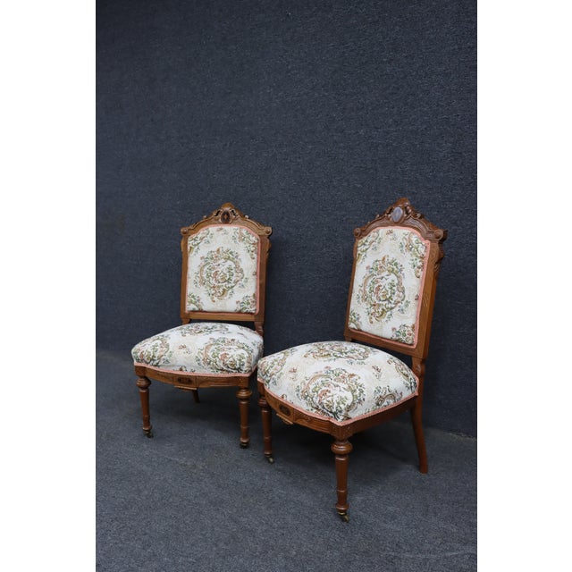 Late 19th Century Pair of Victorian Walnut Upholstered Side Chairs, Circa 1880 For Sale - Image 5 of 18