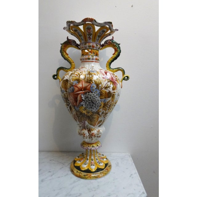 Ceramic Renaissance Style Hand-Painted Majolica Vase with Flowers and Dragon-Shaped Handles from Nove Bassano, Italy, 1950s For Sale - Image 7 of 17