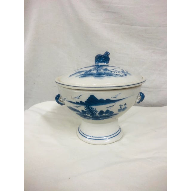 Blue and White Design Rice Bowl With Dog Finial For Sale - Image 9 of 9