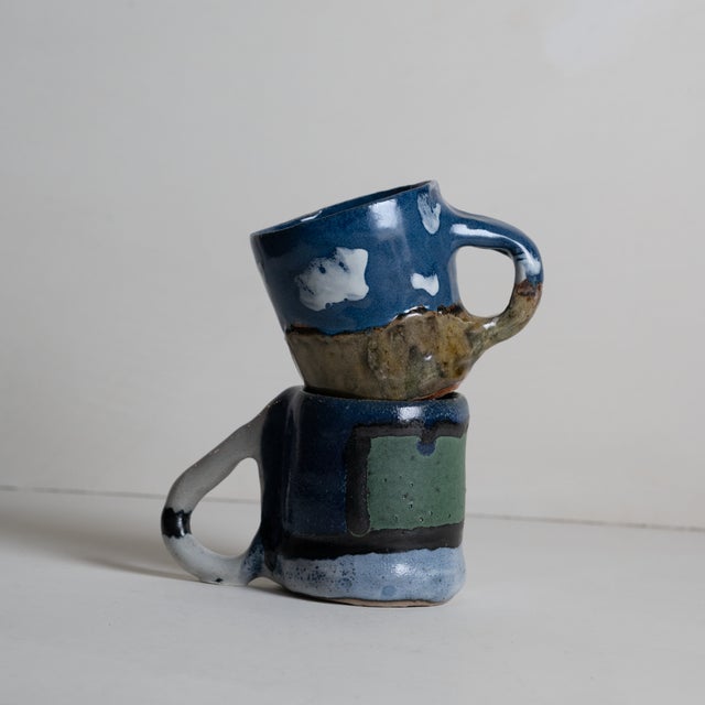 Contemporary Whimsical Pair of Rustic Studio Pottery Coffee Mugs, by Artist d.o.n. For Sale - Image 3 of 11