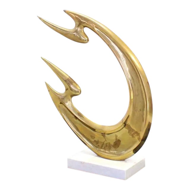 Vintage Mid-Century Modern Abstract Brass Sculpture and White Marble Flying Fire For Sale - Image 10 of 10