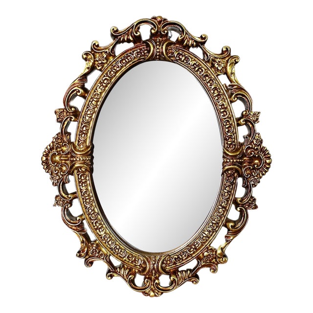 Vintage Gold Oval Mini Vanity Mirror With Embossed Frame For Sale