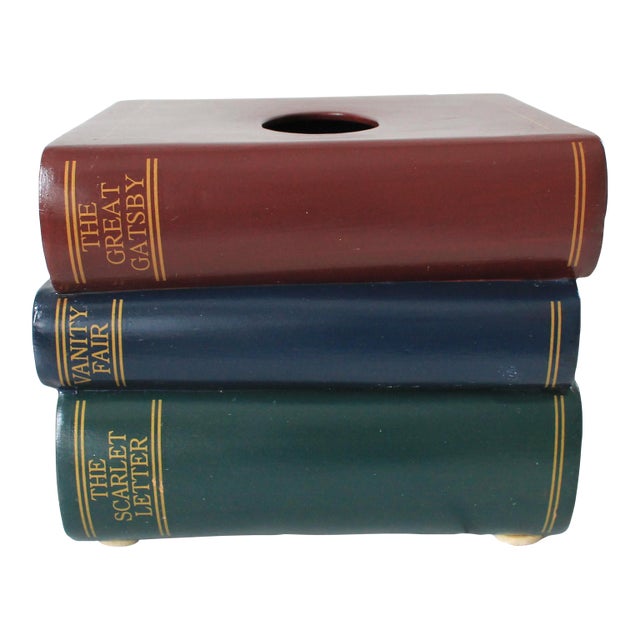 1990's Trompe l'Oeil Stacked Books Ceramic Tissue Box Cover For Sale