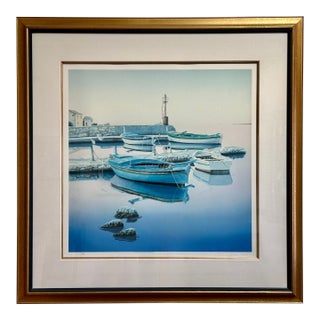 Vintage Large 48" X 48" Framed, Numbered and Signed Serigraph With Wentworth Gallery Raised Seal by Croatian Artist Frane Mlinar Korčula Boats For Sale