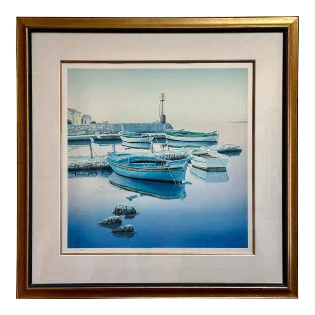 Vintage Large 48" X 48" Framed, Numbered and Signed Serigraph With Wentworth Gallery Raised Seal by Croatian Artist Frane Mlinar Korčula Boats For Sale