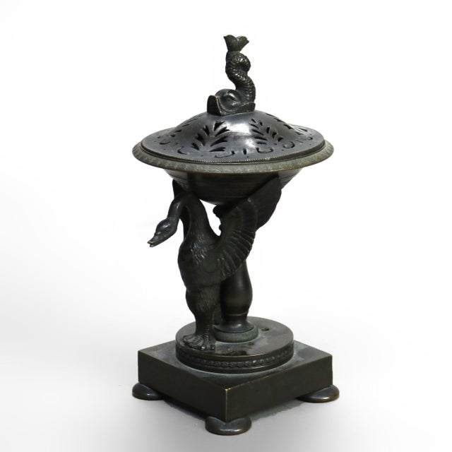 Antique Neoclassical Bronze Figural Sensor with Dolphin & Swan C1890 Measures - 6 3/8" x 3 3/8" x 3 5/8"