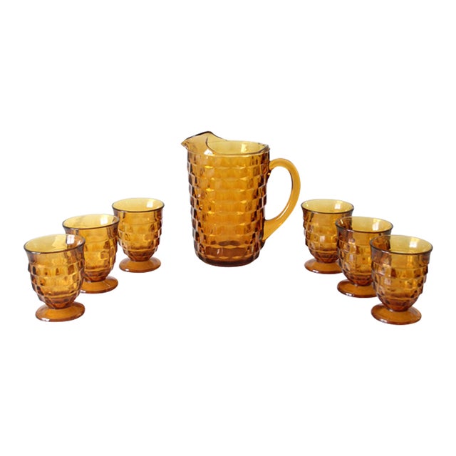 Vintage Amber Glass Pitcher and Tumbler Set For Sale