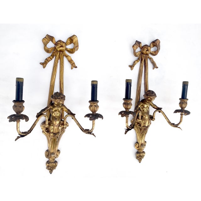 Gold Pair Antique Gilt Bronze Two-Light Wall Sconce w/ Cherub Louis XVI Style NICE For Sale - Image 8 of 12