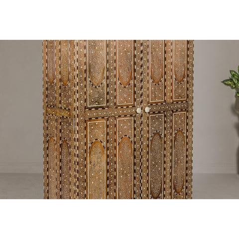 English Anglo Indian Style Mango Wood Tall Cabinet with Floral Themed Bone Inlaid Décor For Sale - Image 3 of 12