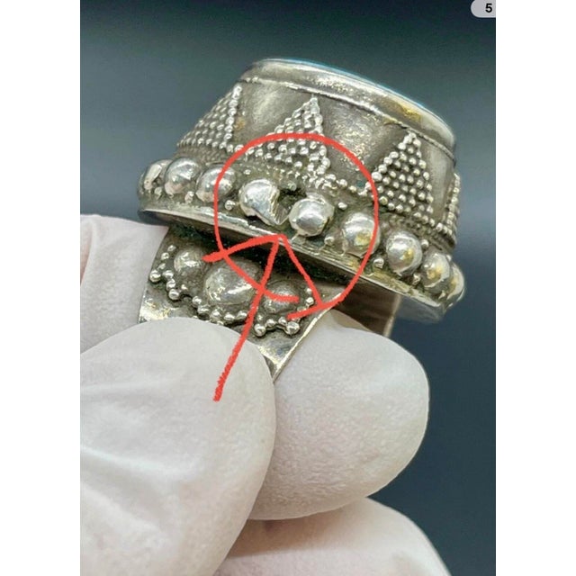 Antique Yemen Sterling Silver Blue Howlite Tower Ring. Antique Yemen Jewelry, Size 9 For Sale - Image 9 of 11