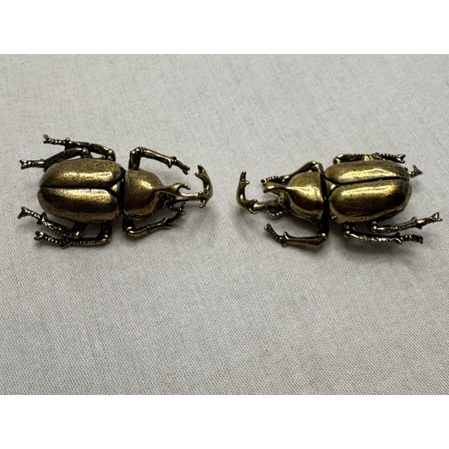 Pair of Vintage Victorian Revival Solid Brass Beetle Cabinet Knobs Hardware For Sale - Image 4 of 12
