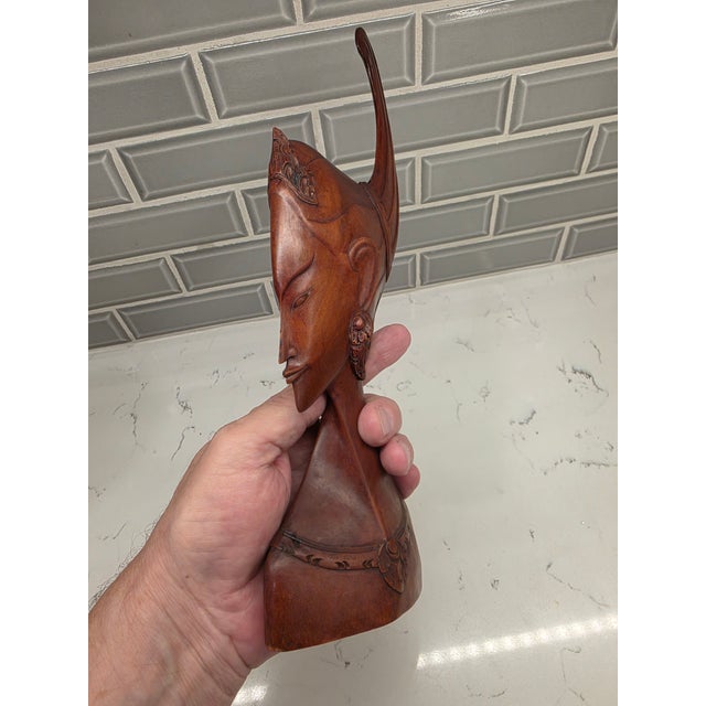 Brick Red Mid-Century Balinese Art Deco Elongated Maiden Bust in Premium Hardwood For Sale - Image 8 of 12