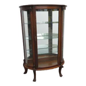 Early 1900s Lion Heads Claw Feet Oak Display Curio Cabinet Cupboard
