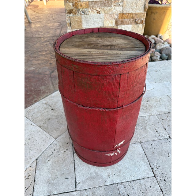 Red Antique Nail Keg Cask Barrel Painted Red With Twisted Metal Wire Bands For Sale - Image 8 of 12