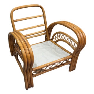 Mid Century Paul Frankl Style Bent Rattan Bamboo Three Strand Pretzel Lounge Cross Hatch Pattern For Sale