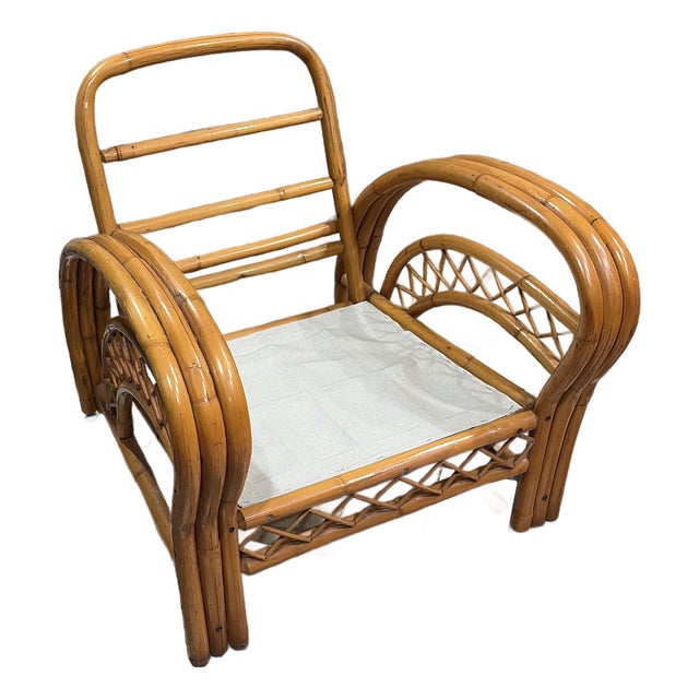 Mid Century Paul Frankl Style Bent Rattan Bamboo Three Strand Pretzel Lounge Cross Hatch Pattern For Sale