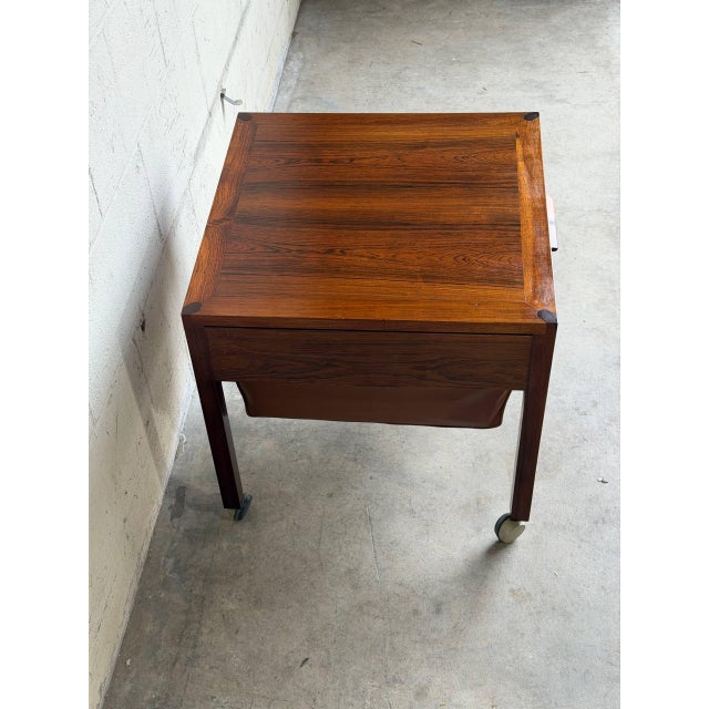 Rosewood Sewing Table Side End Nightstand With Drawer and Rolling Wheels Denmark 1960s For Sale - Image 9 of 9