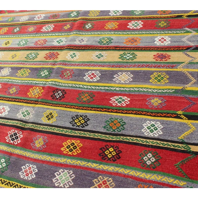 Mid 20th Century Mid 20th Century Colorful Large Turkish Kilim Carpet With Striped Geometric Shapes Design For Sale - Image 5 of 12