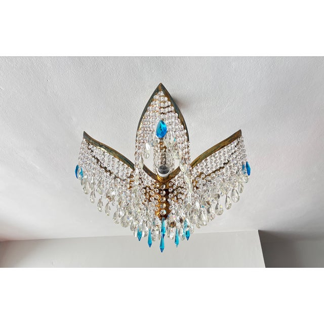 1960s Mid-Century Modern Crystal Chandelier With Aqua Blue Drops - Solid Brass Leaf Design Lighting - Rewired & Working⁠ For Sale - Image 18 of 18