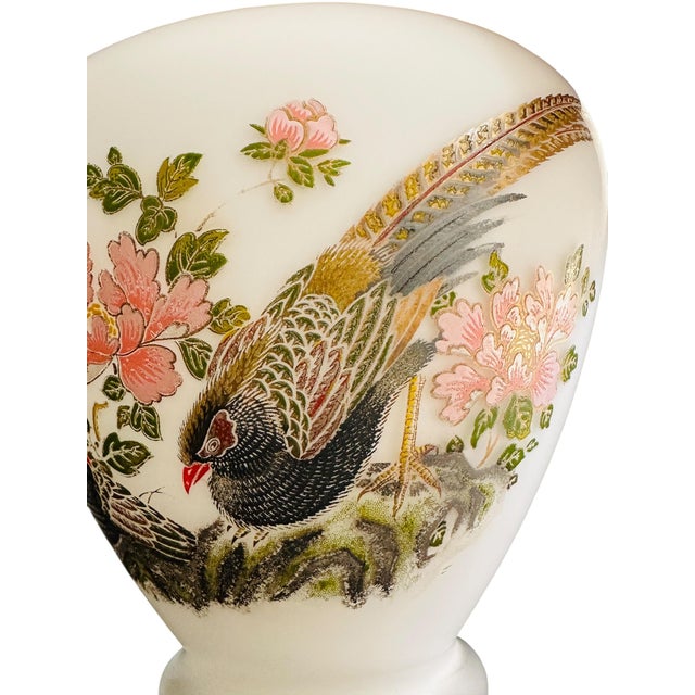 Toyo Vintage Toyo Japan 9" Opal Glass Vase - Hand-Painted Pheasant & Peony, Satin White Translucent Glass, Mid-Century Asian Decor, Gold Trim For Sale - Image 4 of 13