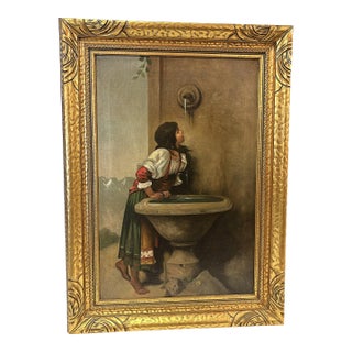Early 20th Century Framed Original Oil Painting on Canvas 'Roman Girl at the Well' Inspired by Léon Bonnat (France 1833-1922) For Sale