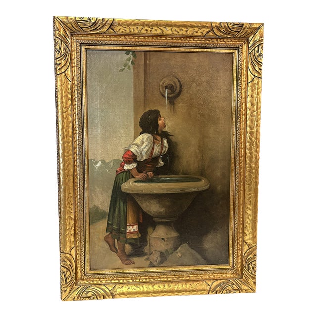 Early 20th Century Framed Original Oil Painting on Canvas 'Roman Girl at the Well' Inspired by Léon Bonnat (France 1833-1922) For Sale