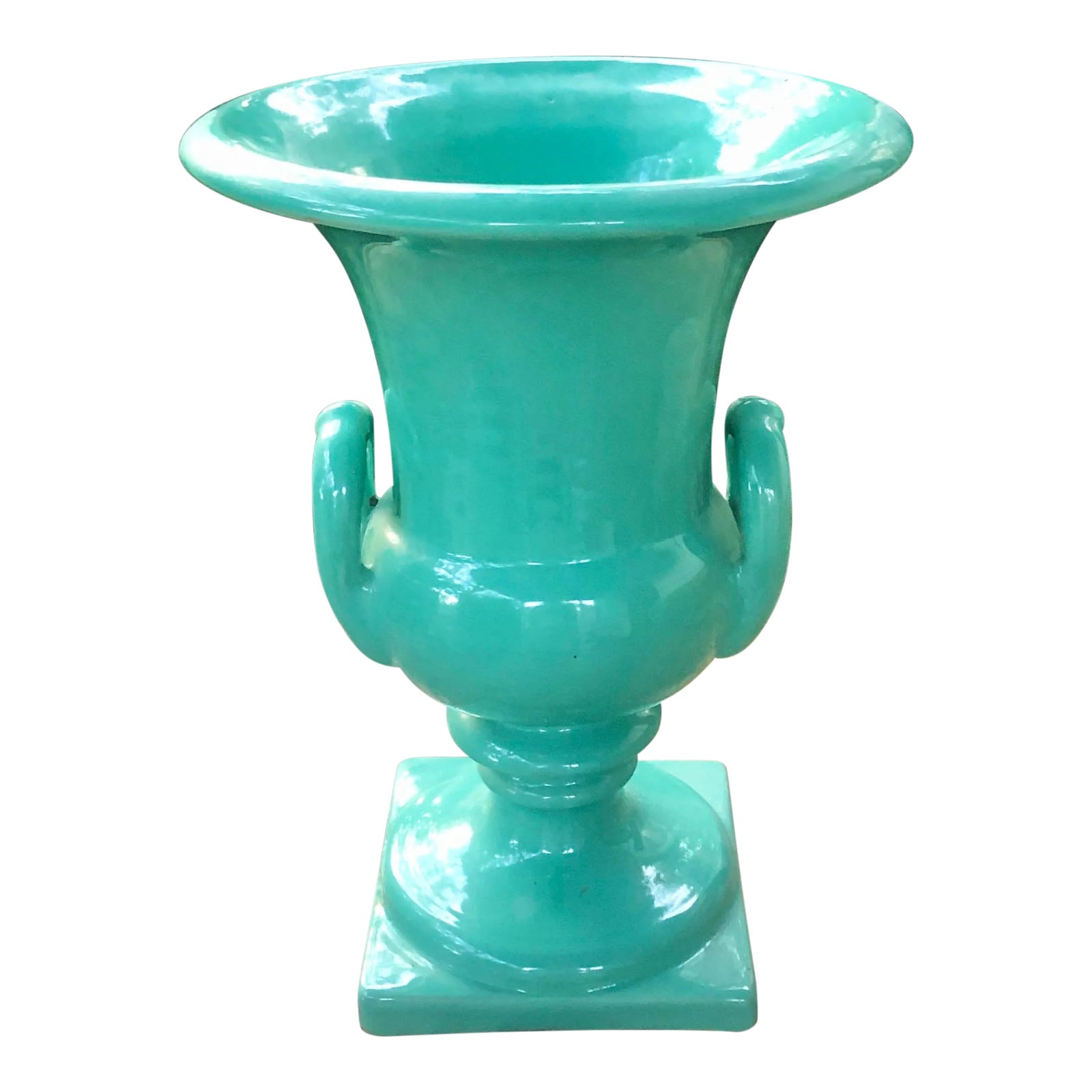 Italian Ceramic Pedestal Urn With Handles in Green Chairish