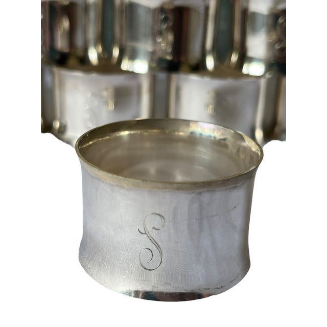 International Silver Vintage Mid-Century Modern Silver Plate Napkin Rings With Engraved “S” Monogram - Set of 12 For Sale - Image 4 of 7