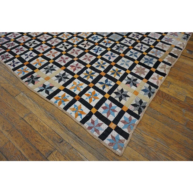1930s Multicolor Geometric 4Star Antique American Quilt 5'3" X 6'5'' Handknotted Cotton Carpet Rug For Sale - Image 12 of 13