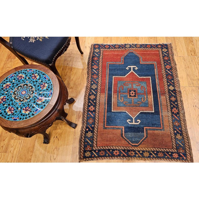 Contemporary 19th Century Caucasian Fachralo Kazak Prayer Area Rug, Persimmon & Blue, 3' x 4' For Sale - Image 3 of 15