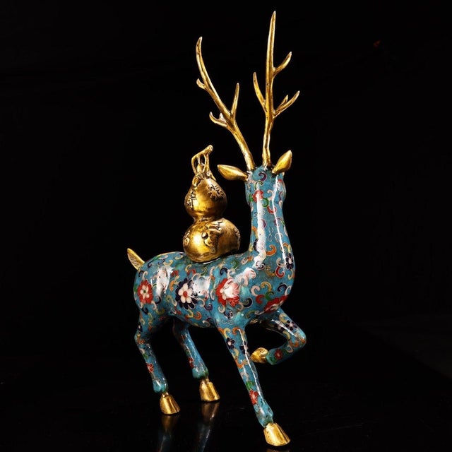 Mid 20th Century Vintage Cloisonne Enamel Deer With Gourd – 15" Gilt Auspicious Figure For Sale - Image 5 of 10