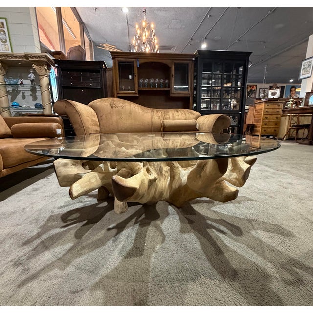 English Late 20th Century English Elm “New Orleans” Teak Root Coffee Table With Round Glass Top For Sale - Image 3 of 7
