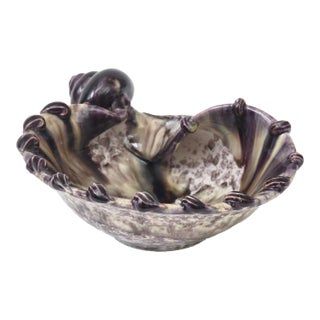 Vintage Italian Glazed Ceramic Snail Bowl Purple, Champagne Off White For Sale