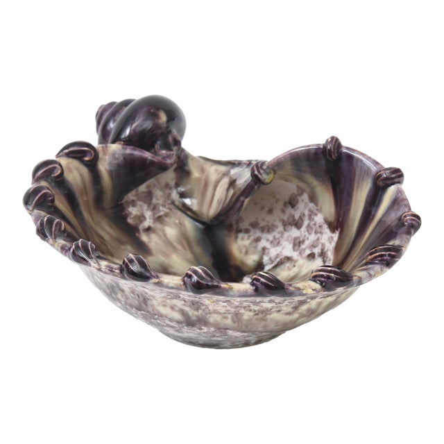 Vintage Italian Glazed Ceramic Snail Bowl Purple, Champagne Off White For Sale