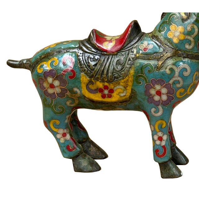 Turquoise Vintage Chinese Turquoise Blue Flower Cloisonné Enamel Horse Statue For Sale - Image 8 of 13