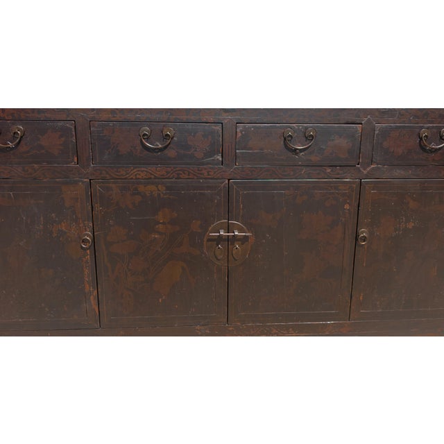 Wood Circa 1926 Antique Chinese Dark Brown Painted Sideboard With Four Drawers and Four Doors For Sale - Image 7 of 9