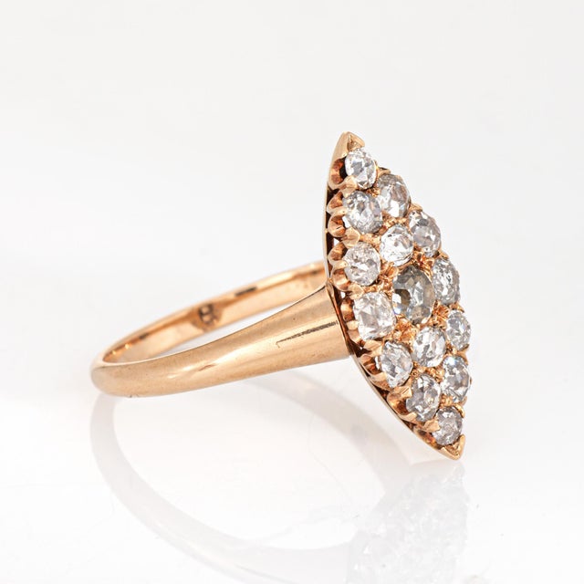 Victorian Antique Victorian Navette Ring 1ct Diamonds 14k Yellow Gold Sz 8.5 Fine Jewelry For Sale - Image 3 of 7
