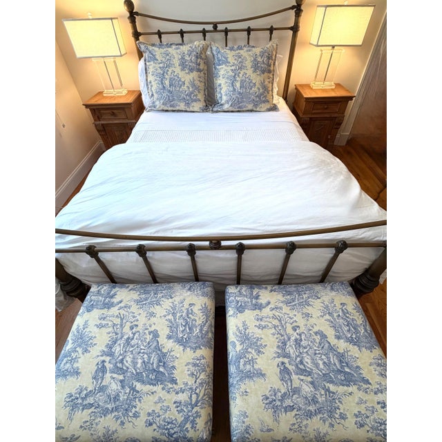 A Pair of Custom Toile Shams in Butter Yellow and Blue For Sale - Image 4 of 10