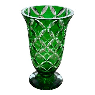 Vintage 1960s West German Cut-to-Clear Emerald Crystal Vase - 3.25 LBS For Sale