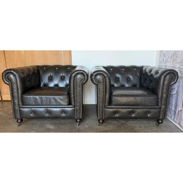Pair of English CHesterfield Club Chairs- Tufted Armchairs For Sale In Los Angeles - Image 6 of 18