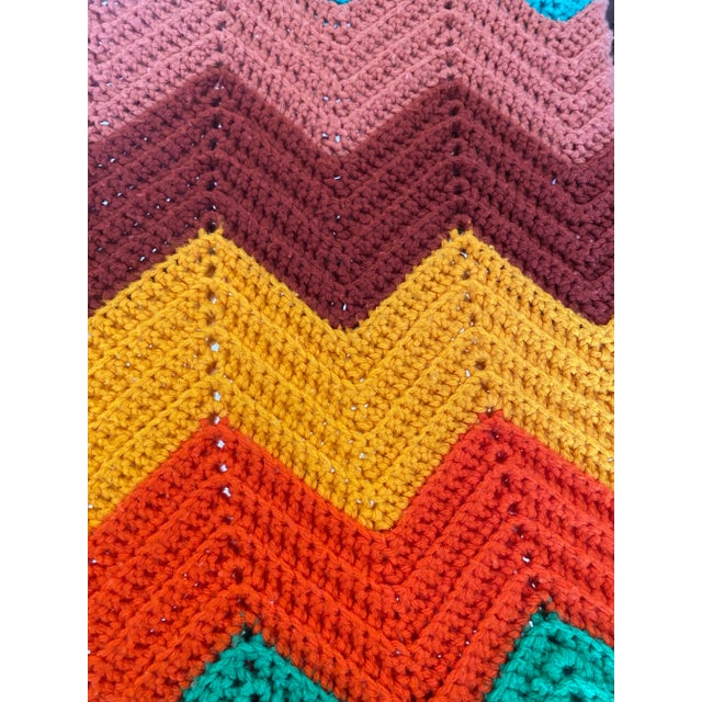 Vintage 1970s Multicolor Chevron Crocheted Throw Blanket For Sale - Image 4 of 7