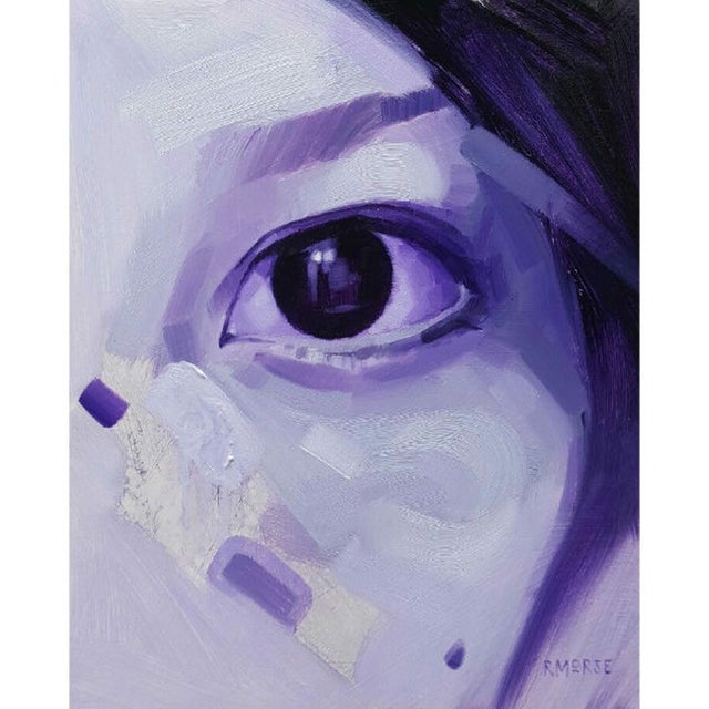 This oil on panel artwork presents a close-up of a single eye, rendered in a striking palette of purples that evoke a...