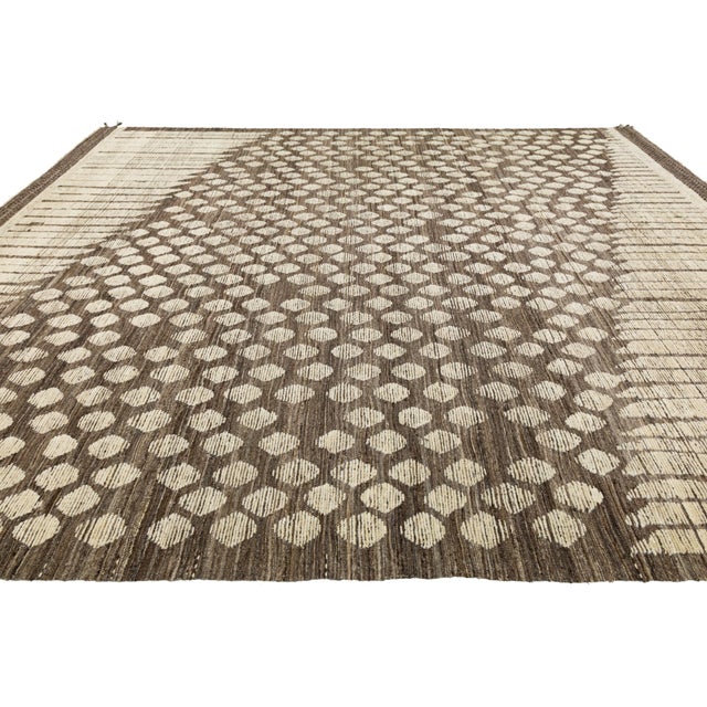 Handmade Modern Moroccan Brown Wool Rug With Graphic Geometry Design For Sale In New York - Image 6 of 11