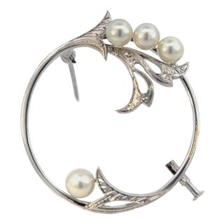 1990s Mikimoto Estate Akoya Pearl Brooch Sterling Silver 5 mm For Sale