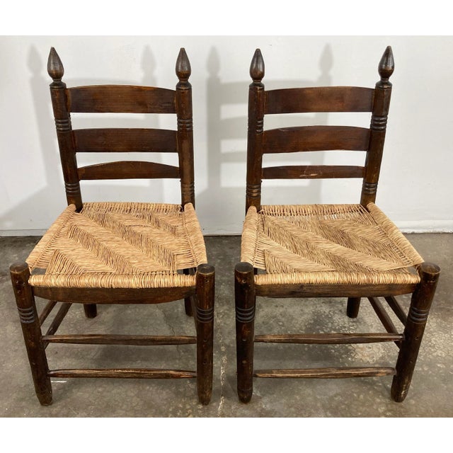 Rustic European Vintage Primitive Turned Wood Woven Seat Ladderback Chairs, Pair For Sale - Image 3 of 10