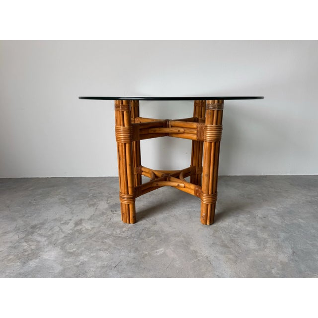 Vintage Coastal Rattan Dining Table With Round Glass Top/ Sold For Sale - Image 10 of 12