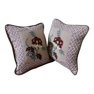 Pair of Thibaut Anna French Fabric Pillows with Vintage Crewel For Sale