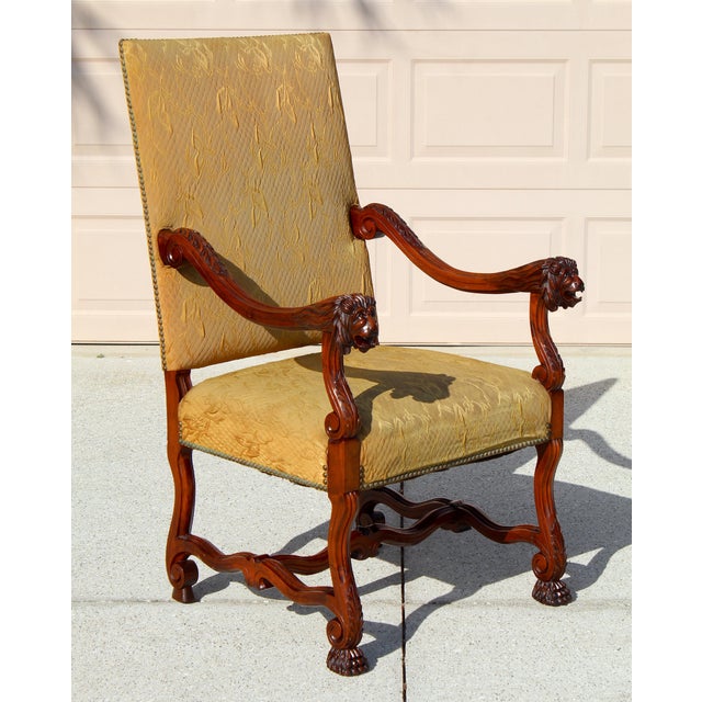 Textile Antique French Louis XIV Style Armchair & Ottoman Set - Mid 19th Century Carved Lion Head Throne Chair With Original Yellow Upholstery For Sale - Image 7 of 18