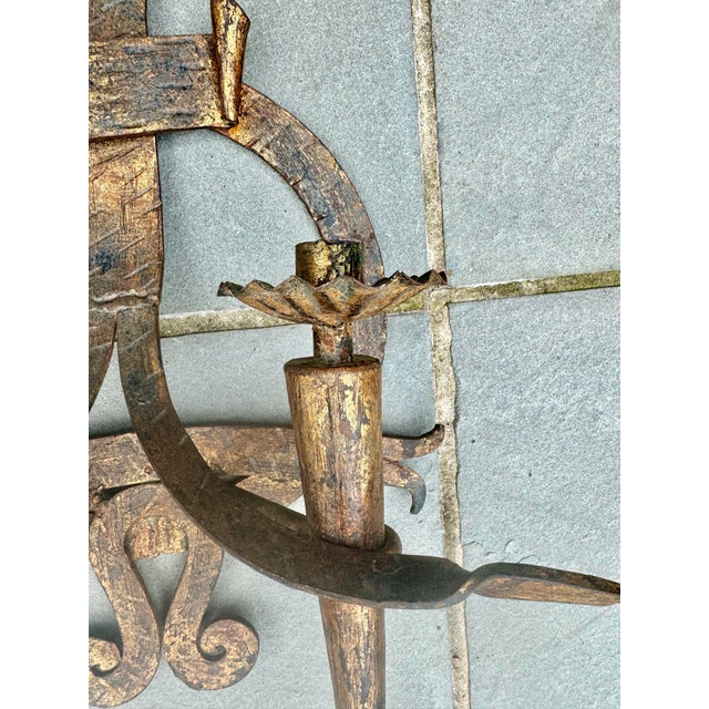 Metal Monumental Pair of Antique New Orleans Hand-Forged Gilt Iron Spanish Revival Candle Sconces For Sale - Image 7 of 10