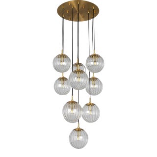 Brass & Glass Globe Cluster Chandelier, 10-Light Cascading Pendant by Schwung For Sale
